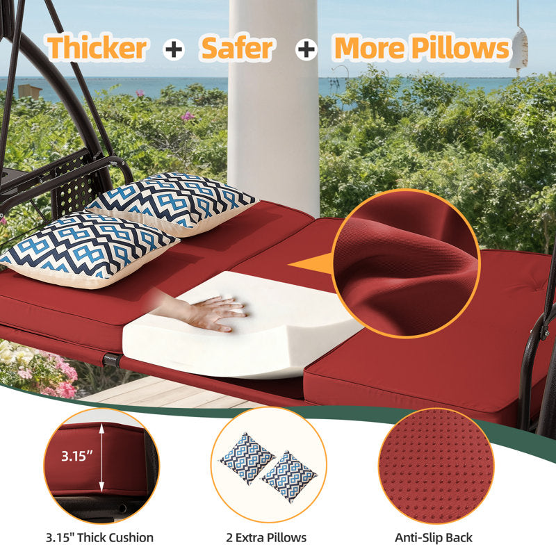 3 Seat Outdoor Porch Patio Swing With Adjustable Canopy, 3-In-1 Convertible Swing Bed With Cushion & Cup Holder For Adults, Yard Deck Garden