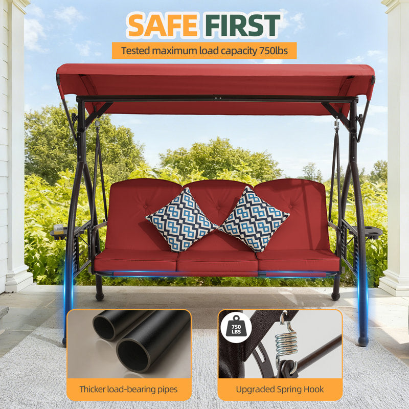 3 Seat Outdoor Porch Patio Swing With Adjustable Canopy, 3-In-1 Convertible Swing Bed With Cushion & Cup Holder For Adults, Yard Deck Garden