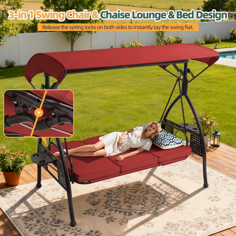 3 Seat Outdoor Porch Patio Swing With Adjustable Canopy, 3-In-1 Convertible Swing Bed With Cushion & Cup Holder For Adults, Yard Deck Garden