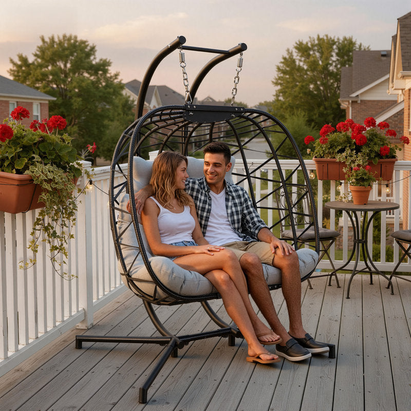 2 Person Outdoor/Indoor Porch Swings With Stand Double Hanging Egg Chair With Cozy Cushion And Cover