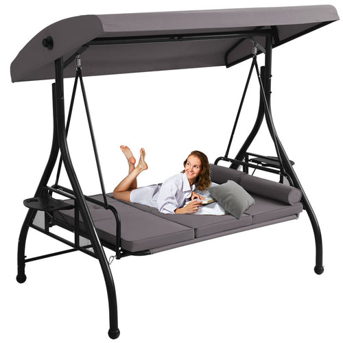 Patio 3 Seat Outdoor Porch Swing, Outdoor 2-in-1 Swings Glider Chair for Adults with Adjustable Canopy & Pillows, Outside Swing Bench for Backyard, Garden, Yard, Poolside, Balcony