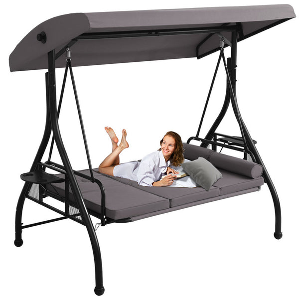 Patio 3 Seat Outdoor Porch Swing, Outdoor 2-in-1 Swings Glider Chair for Adults with Adjustable Canopy & Pillows, Outside Swing Bench for Backyard, Garden, Yard, Poolside, Balcony