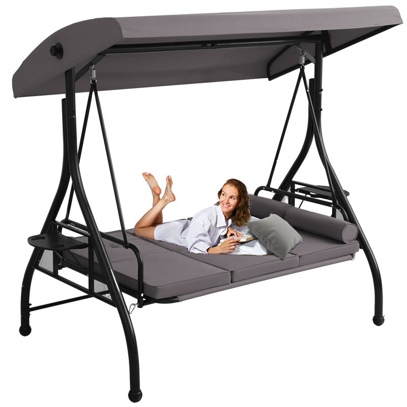 Patio 3 Seat Outdoor Porch Swing, Outdoor 2-in-1 Swings Glider Chair for Adults with Adjustable Canopy & Pillows, Outside Swing Bench for Backyard, Garden, Yard, Poolside, Balcony