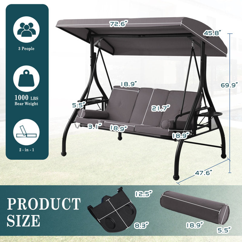 Patio 3 Seat Outdoor Porch Swing, Outdoor 2-in-1 Swings Glider Chair for Adults with Adjustable Canopy & Pillows, Outside Swing Bench for Backyard, Garden, Yard, Poolside, Balcony