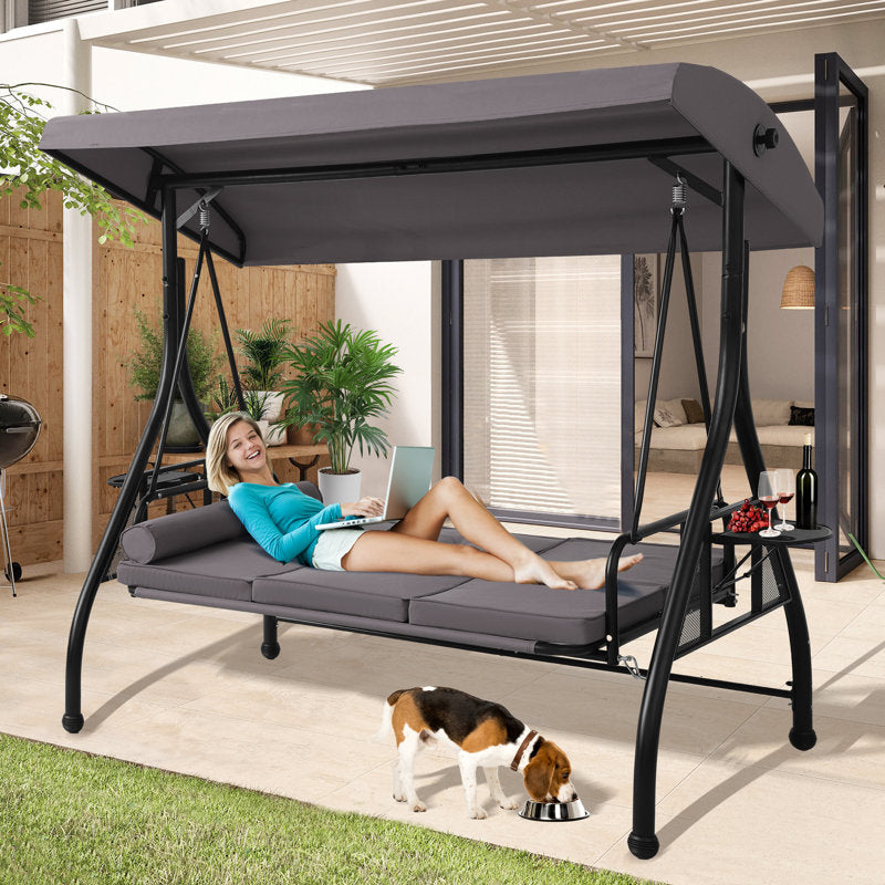 Patio 3 Seat Outdoor Porch Swing, Outdoor 2-in-1 Swings Glider Chair for Adults with Adjustable Canopy & Pillows, Outside Swing Bench for Backyard, Garden, Yard, Poolside, Balcony