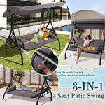 Patio 3 Seat Outdoor Porch Swing, Outdoor 2-in-1 Swings Glider Chair for Adults with Adjustable Canopy & Pillows, Outside Swing Bench for Backyard, Garden, Yard, Poolside, Balcony