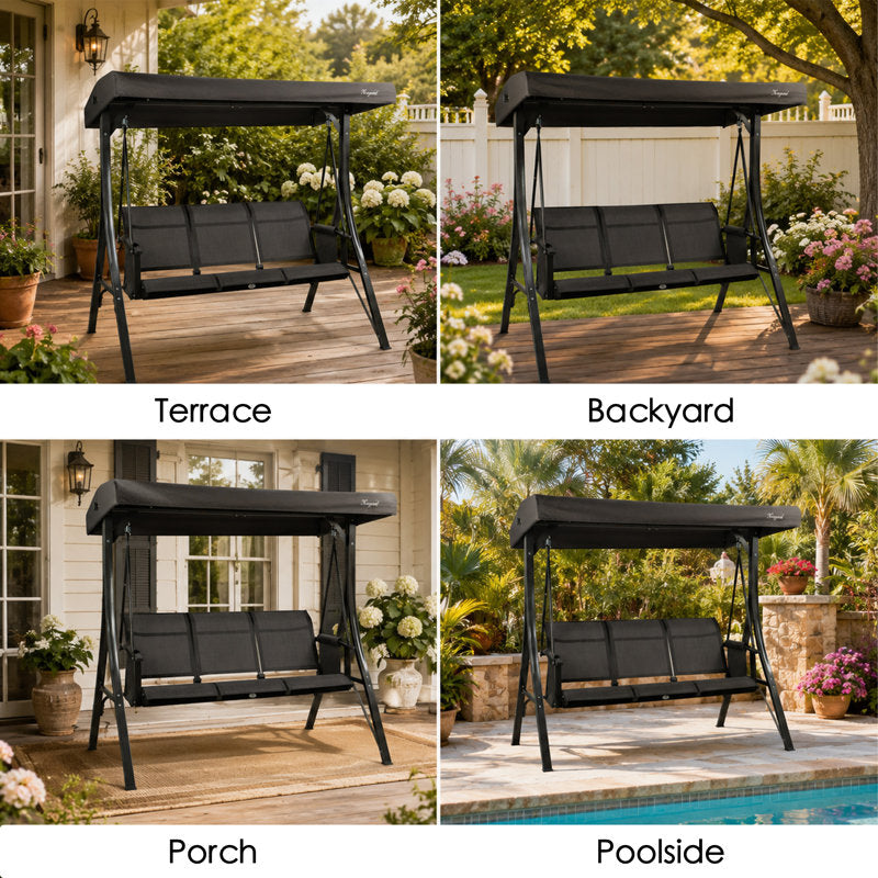 Brenda 3-Seat Outdoor Porch Swing Glider, Patio Swing with Adjustable Canopy, Heavy-Duty Steel Frame, Breathable Textilene Seat and Backrest, Side Pockets, Gray