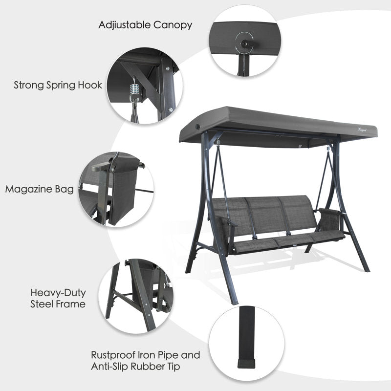 Brenda 3-Seat Outdoor Porch Swing Glider, Patio Swing with Adjustable Canopy, Heavy-Duty Steel Frame, Breathable Textilene Seat and Backrest, Side Pockets, Gray