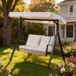 2-Person Outdoor Porch Swing with Adjustable Canopy & Stand, 2-in-1 Convertible Swing to Flat Bed, Patio Glider Bench with Thick Cushions, Heavy-Duty Steel Frame, Weather Resistant, for Garden, Yard, Deck