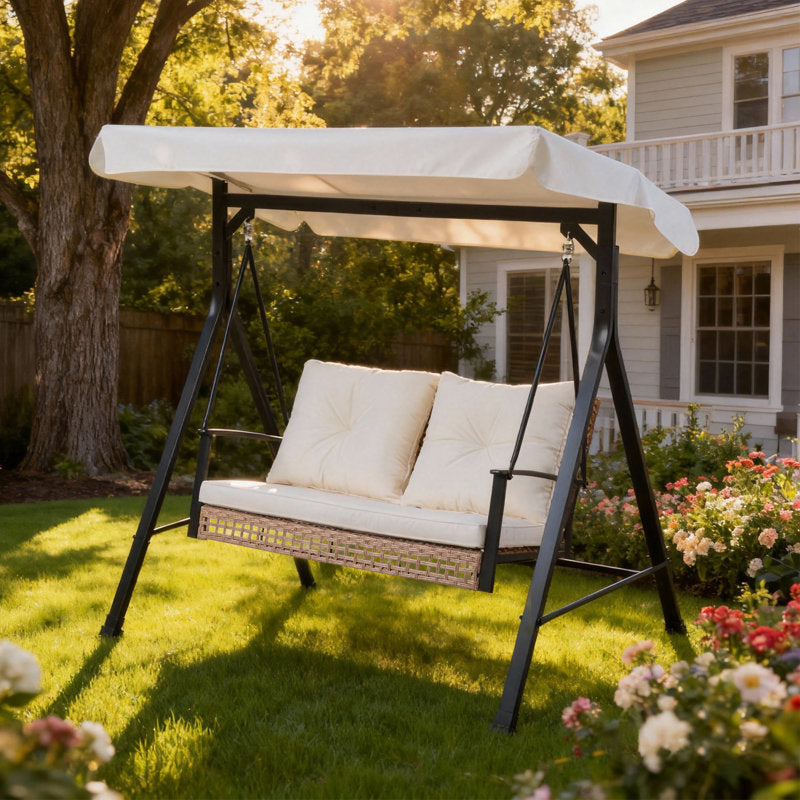2-Person Outdoor Porch Swing with Adjustable Canopy & Stand, 2-in-1 Convertible Swing to Flat Bed, Patio Glider Bench with Thick Cushions, Heavy-Duty Steel Frame, Weather Resistant, for Garden, Yard, Deck