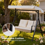 2-Person Outdoor Porch Swing with Adjustable Canopy & Stand, 2-in-1 Convertible Swing to Flat Bed, Patio Glider Bench with Thick Cushions, Heavy-Duty Steel Frame, Weather Resistant, for Garden, Yard, Deck