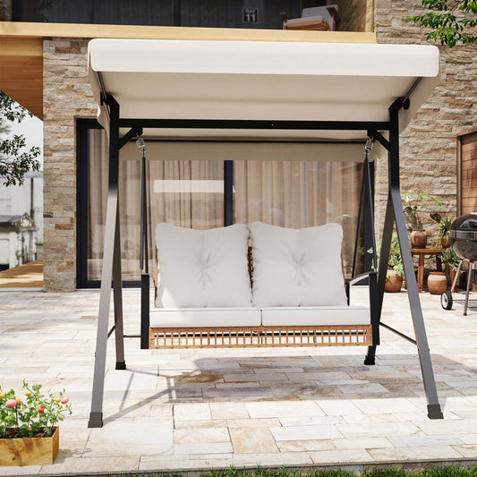 2-Person Outdoor Porch Swing with Adjustable Canopy & Stand, 2-in-1 Convertible Swing to Flat Bed, Patio Glider Bench with Thick Cushions, Heavy-Duty Steel Frame, Weather Resistant, for Garden, Yard, Deck