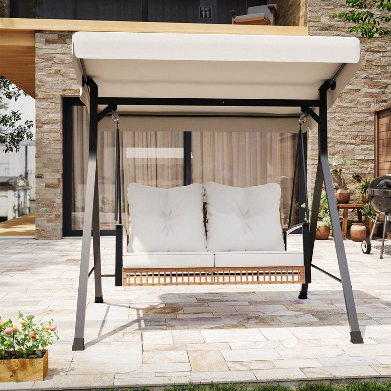 2-Person Outdoor Porch Swing with Adjustable Canopy & Stand, 2-in-1 Convertible Swing to Flat Bed, Patio Glider Bench with Thick Cushions, Heavy-Duty Steel Frame, Weather Resistant, for Garden, Yard, Deck