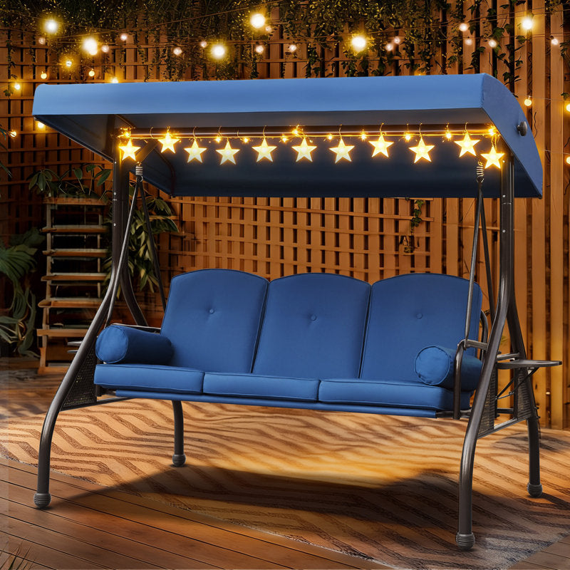 3-Seat Patio Porch Swing With Adjustable Canopy - Outdoor Swing Featuring Three-Position Backrest, Large Convertible 3-In-1 Swing Bed, Thickened Cushions, Pillows, And Cup Holders - Ideal For Porch, Backyard, Garden