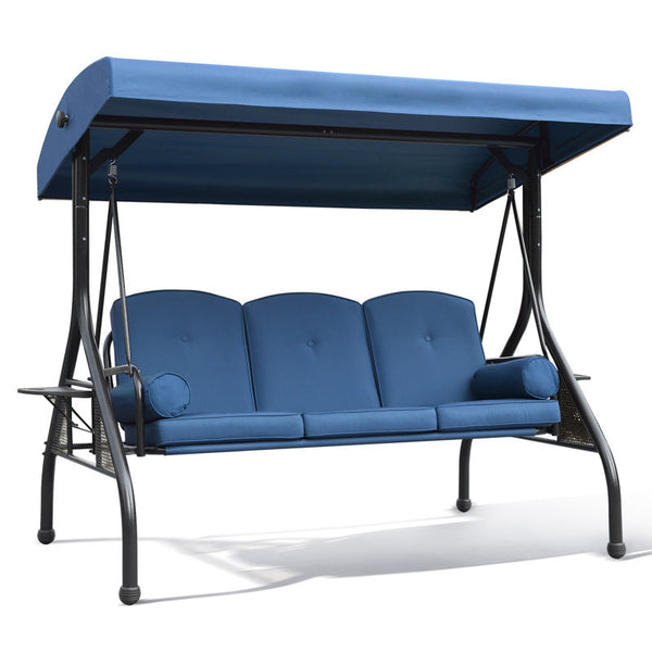 3-Seat Patio Porch Swing With Adjustable Canopy - Outdoor Swing Featuring Three-Position Backrest, Large Convertible 3-In-1 Swing Bed, Thickened Cushions, Pillows, And Cup Holders - Ideal For Porch, Backyard, Garden