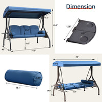 3-Seat Patio Porch Swing With Adjustable Canopy - Outdoor Swing Featuring Three-Position Backrest, Large Convertible 3-In-1 Swing Bed, Thickened Cushions, Pillows, And Cup Holders - Ideal For Porch, Backyard, Garden