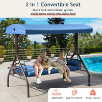 3-Seat Patio Porch Swing With Adjustable Canopy - Outdoor Swing Featuring Three-Position Backrest, Large Convertible 3-In-1 Swing Bed, Thickened Cushions, Pillows, And Cup Holders - Ideal For Porch, Backyard, Garden