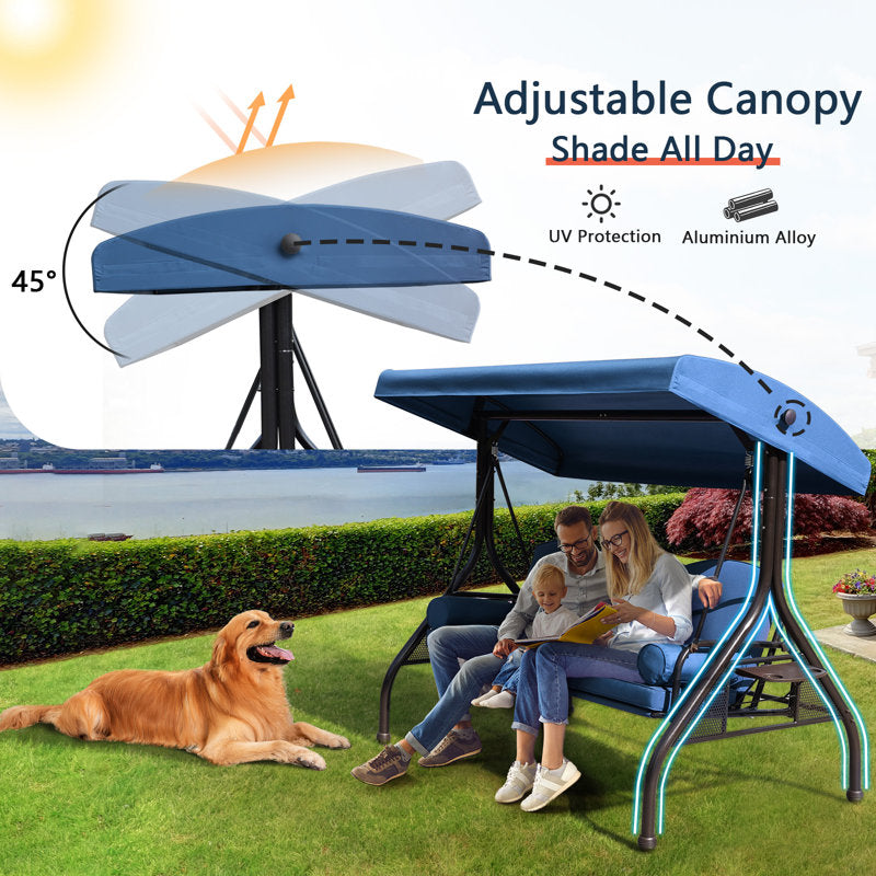 3-Seat Patio Porch Swing With Adjustable Canopy - Outdoor Swing Featuring Three-Position Backrest, Large Convertible 3-In-1 Swing Bed, Thickened Cushions, Pillows, And Cup Holders - Ideal For Porch, Backyard, Garden