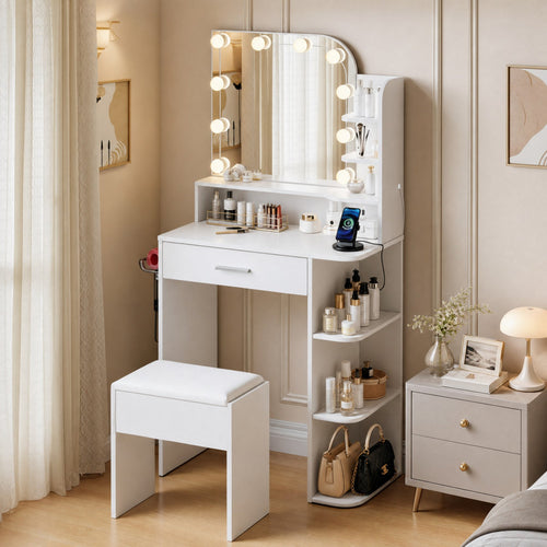 Makeup Vanity Set with Stool & Adjustable Brightness Light