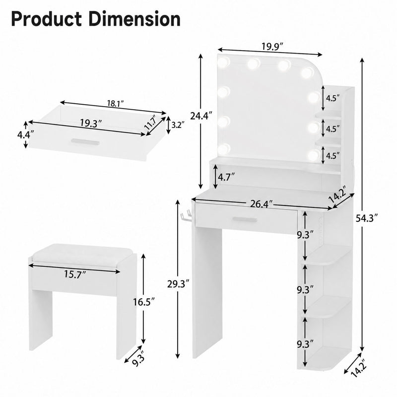 Makeup Vanity Set with Stool & Adjustable Brightness Light