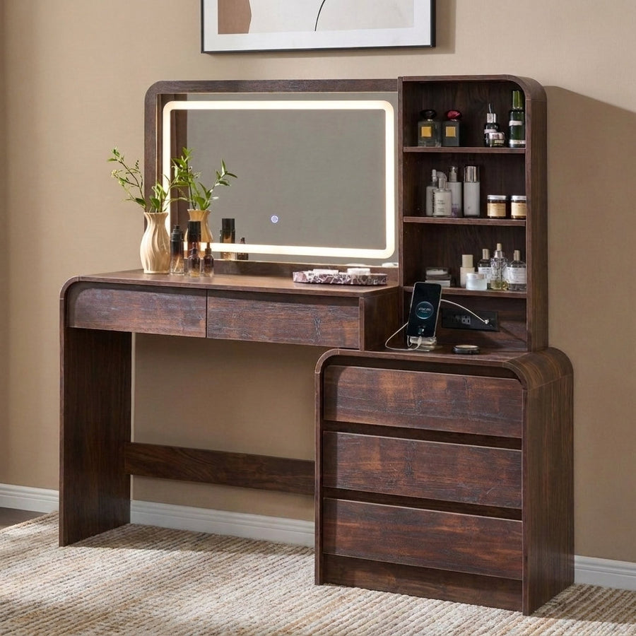 55 Inch Modern Large Vanity Desk with 5 Drawers & LED Mirror