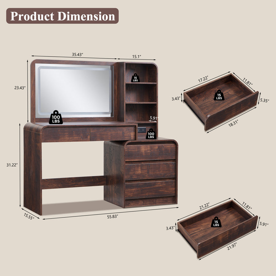 55 Inch Modern Large Vanity Desk with 5 Drawers & LED Mirror