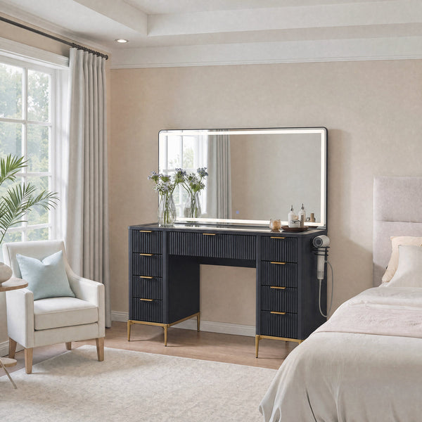 48 Inch Modern Makeup Vanity Desk with Mirror, Lights & 9 Drawers