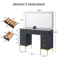 48 Inch Modern Makeup Vanity Desk with Mirror, Lights & 9 Drawers