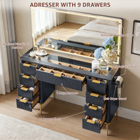 48 Inch Modern Makeup Vanity Desk with Mirror, Lights & 9 Drawers