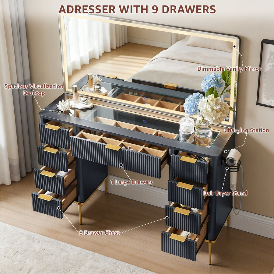 48 Inch Modern Makeup Vanity Desk with Mirror, Lights & 9 Drawers