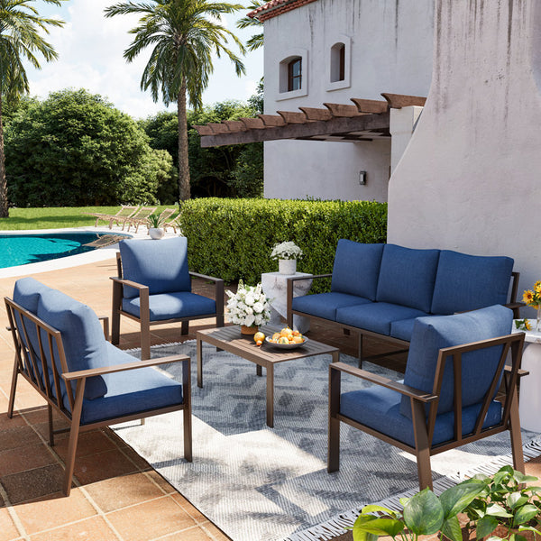 7-Person Outdoor Sofa Seating Group with Coffee Table – Modern Patio Furniture Set, Optional Propane Fire Pit