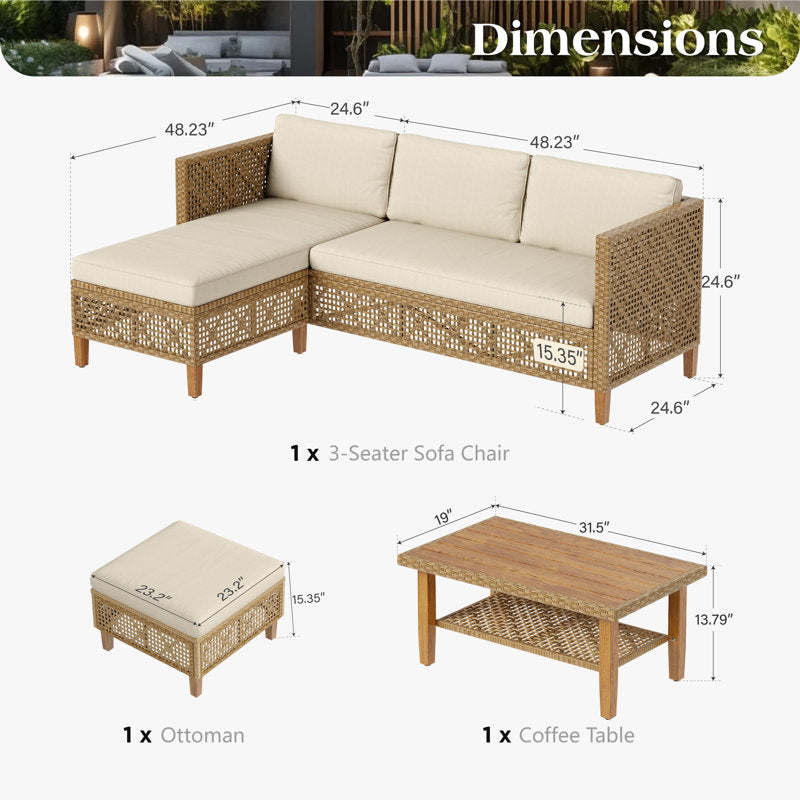 All-Weather Wicker Outdoor Patio Conversation Set with Acacia Wood Coffee
