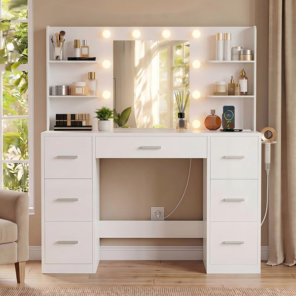 Vanity Desk with Mirror, LED Lights & 8 Drawers