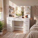 Vanity Desk with Mirror, LED Lights & 8 Drawers