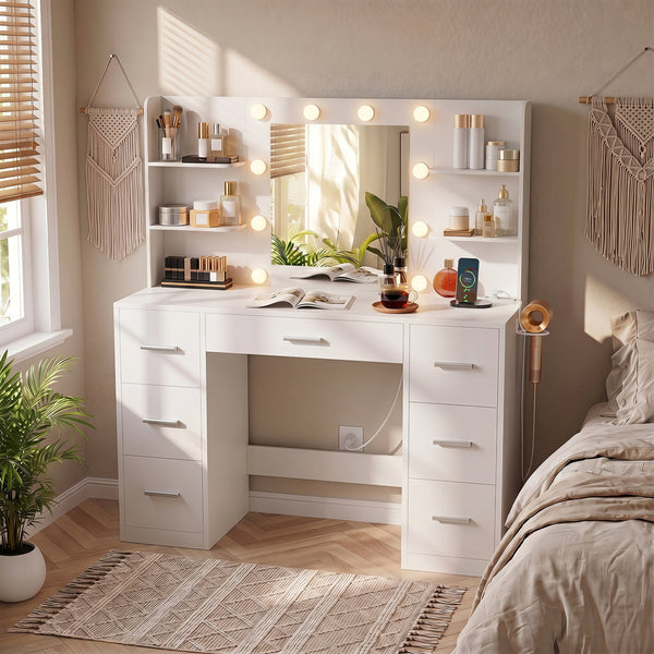 Vanity Desk with Mirror, LED Lights & 8 Drawers