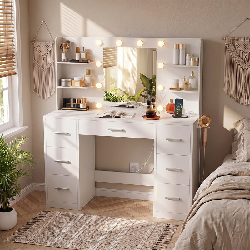 Vanity Desk with Mirror, LED Lights & 8 Drawers