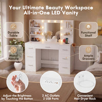 Vanity Desk with Mirror, LED Lights & 8 Drawers