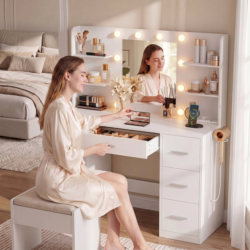 Vanity Desk with Mirror, LED Lights & 8 Drawers