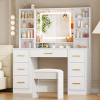 Adriel 39.4 Inch Makeup Vanity with LED Mirror, 7 Drawers & Stool