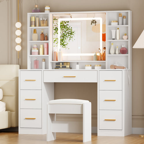 Adriel 39.4 Inch Makeup Vanity with LED Mirror, 7 Drawers & Stool