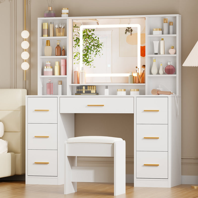 Adriel 39.4 Inch Makeup Vanity with LED Mirror, 7 Drawers & Stool