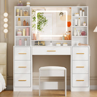 Adriel 39.4 Inch Makeup Vanity with LED Mirror, 7 Drawers & Stool