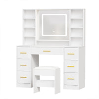 Adriel 39.4 Inch Makeup Vanity with LED Mirror, 7 Drawers & Stool