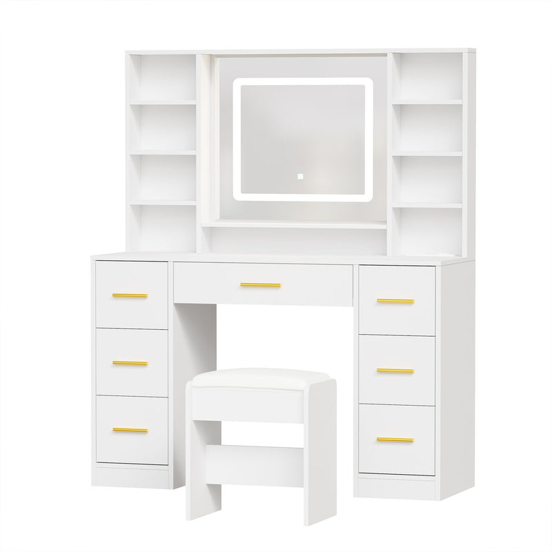 Adriel 39.4 Inch Makeup Vanity with LED Mirror, 7 Drawers & Stool