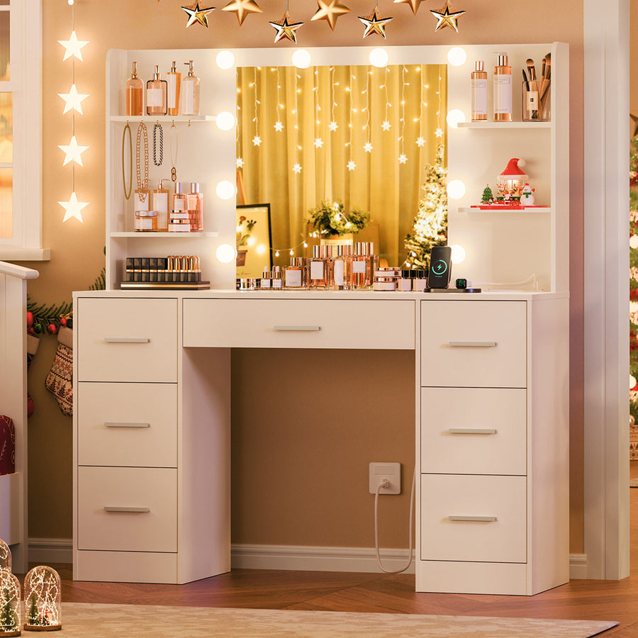 Camyla Makeup Vanity Table with LED Mirror & Jewelry Hooks