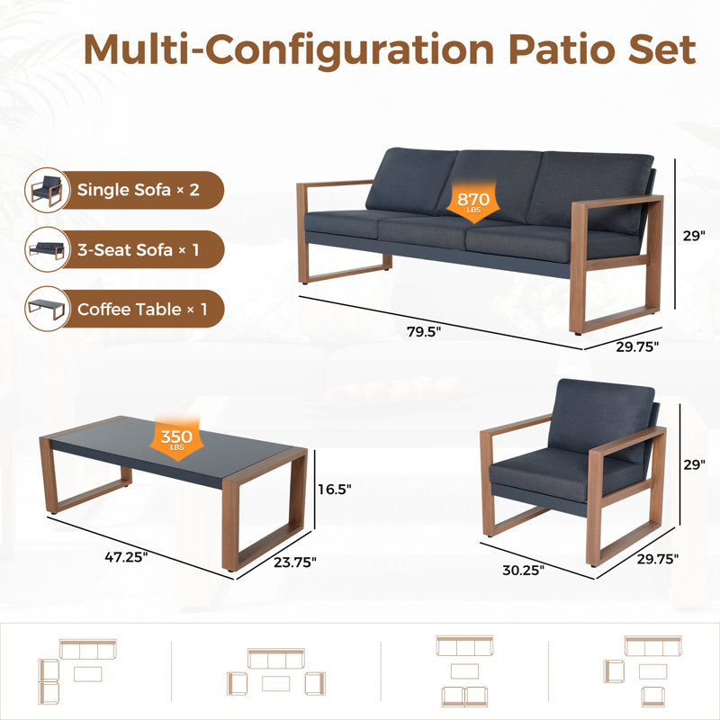 Berau Arunas 5-Person Aluminum Outdoor Conversation Set with Wood-Grain Finish & Weather-Resistant Cushion