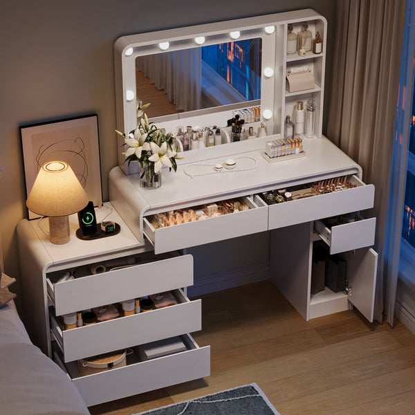60 Inch Modern Makeup Vanity Desk with Dimmable LED Mirror (White)