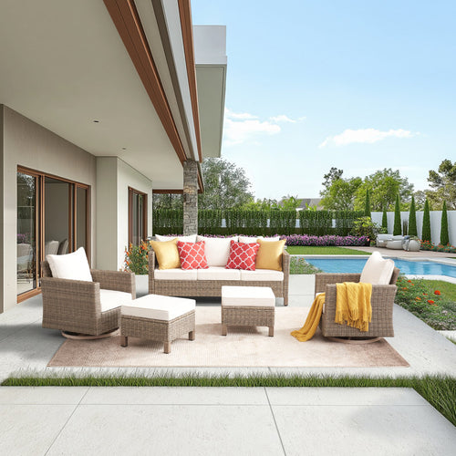 5 Pieces Outdoor Patio Furniture Set, Rattan Wicker Lounge Chairs Sets With Ottomans