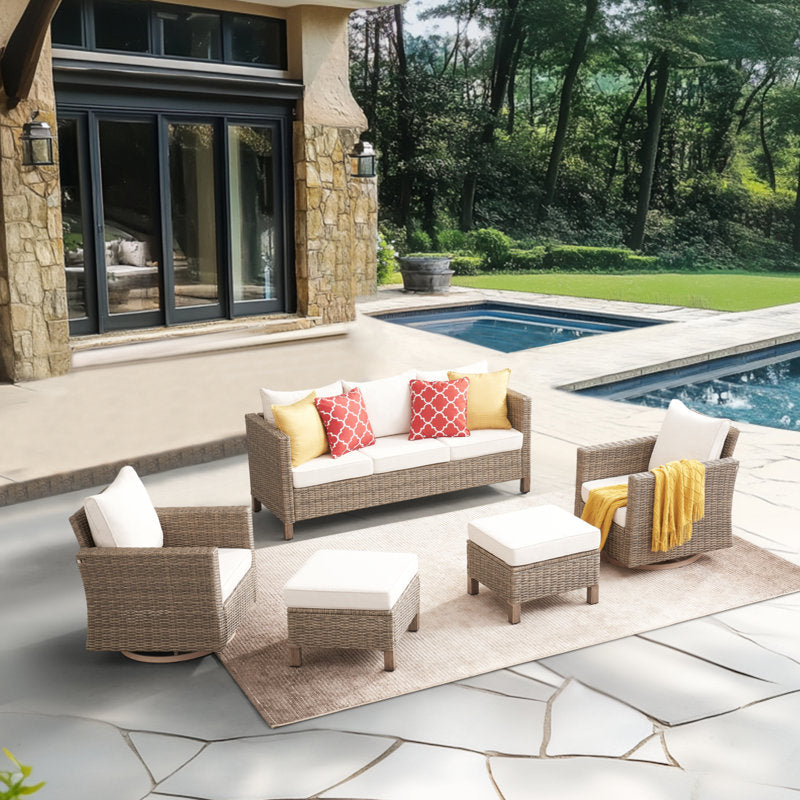 5 Pieces Outdoor Patio Furniture Set, Rattan Wicker Lounge Chairs Sets With Ottomans