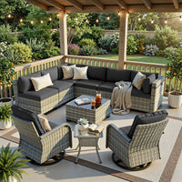 10-Piece Outdoor Wicker Sectional Seating Group With Swivel Rocking Chairs, Coffee Table & Side Table, All-Weather Patio Conversation Set
